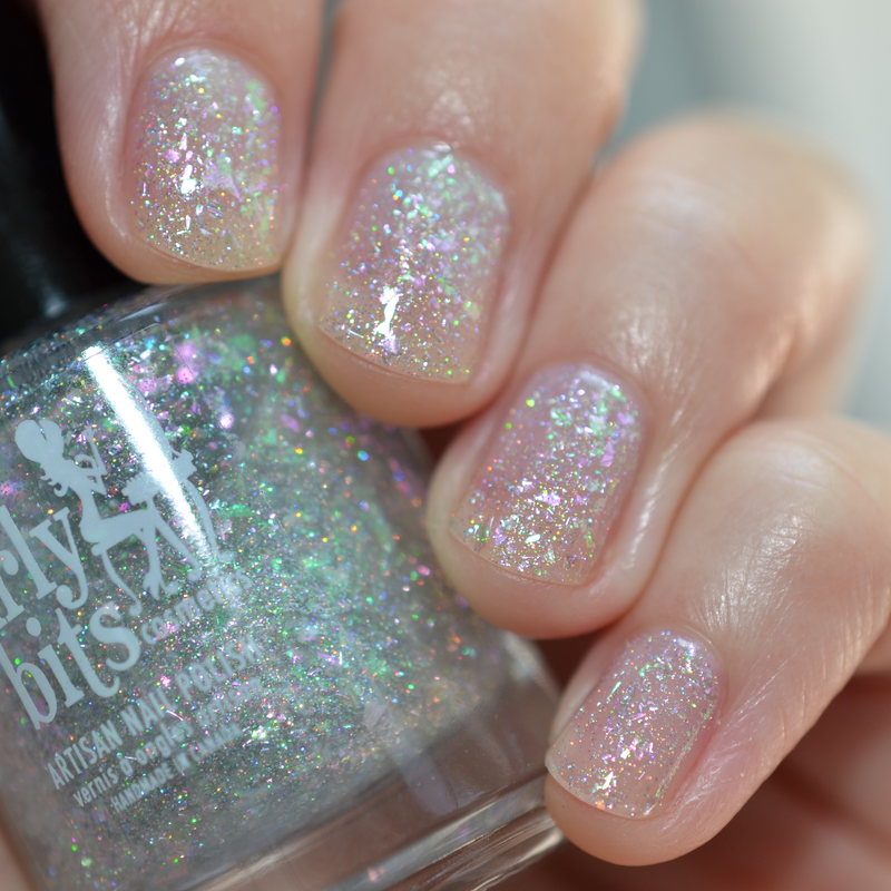 Girly Bits Cosmetics x Caitlin Swatches nail polish Opal Lesson Time iridescent flakie topper