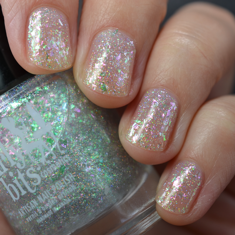 Girly Bits Cosmetics x Caitlin Swatches nail polish Opal Lesson Time iridescent flakie topper