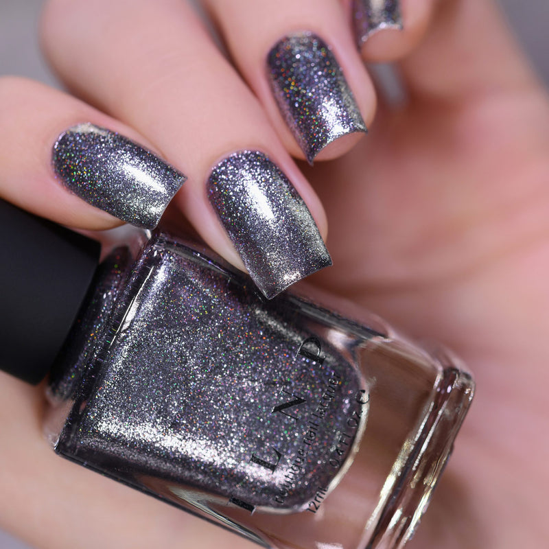 ILNP Carbon sleek gunmetal holographic ultra metallic nail polish swatch Reflections Collection