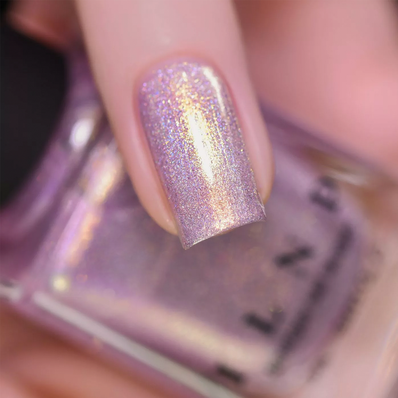 ILNP In The Clouds pale lilac shimmer holographic nail polish swatch macro