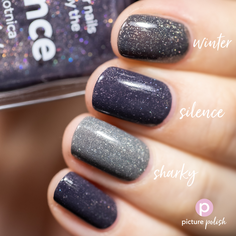 Picture Polish Silence dark grey holographic nail polish swatch comparison