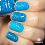 Picture Polish Maldives cyan blue holographic nail polish swatch comparison